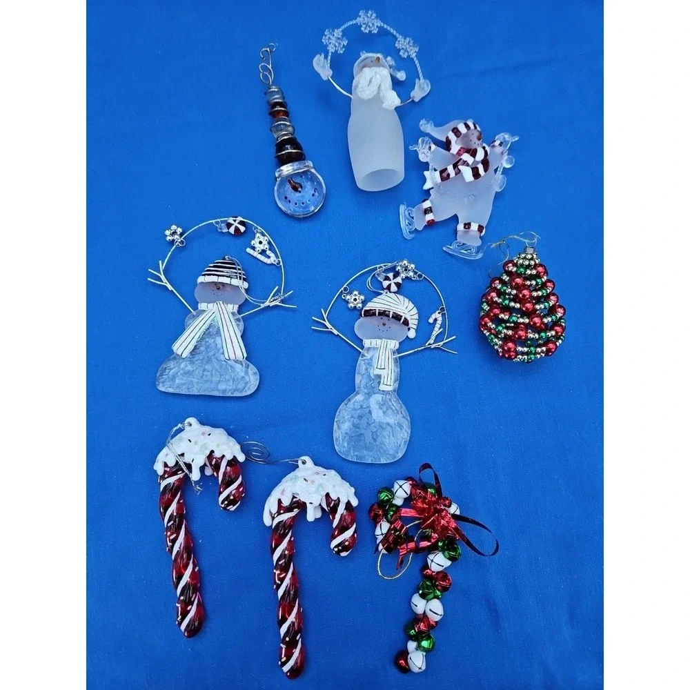 5 Frosted Snowman Ornaments‎ Lot Christmas Figures Glass & Acrylic Candy Canes